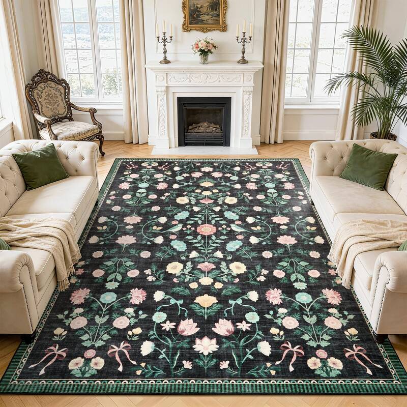 Garvee 8x10 Washable Area Rugs Soft Carpet Indoor Floral Non Slip Foldable Mats Black for Living Room Bedroom Dining Room Hom...