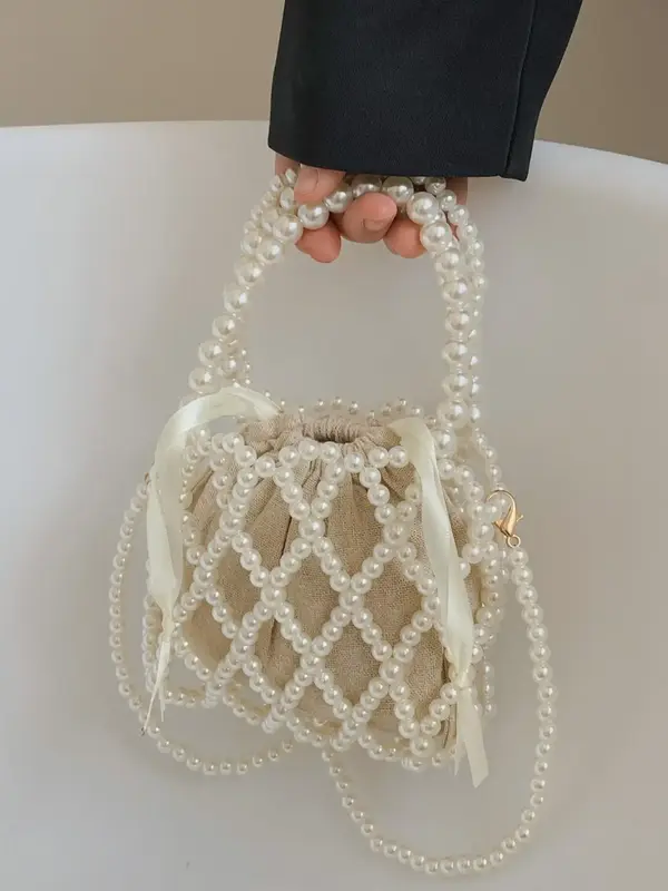 Faux Pearl Decorated Handbag As Mothers Day Gift, Elegant Drawstring Design Handbag for Women & Girls, Casual Trendy Versatil...