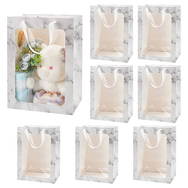 Folding Marble Print Paper Gift Bags with Handle and Plastic Visible Window