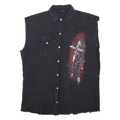 SPIRAL Sleeveless Mens Denim Jacket Black Crazy Pattern L