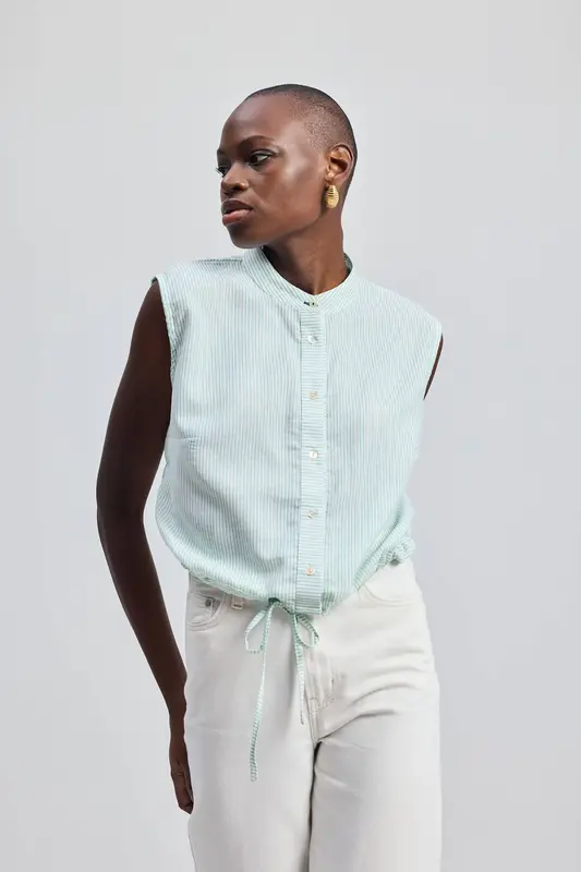 Button-down Shirt with Waist Drawstring in Stripes | Color: Parallel Paths | Size: XS