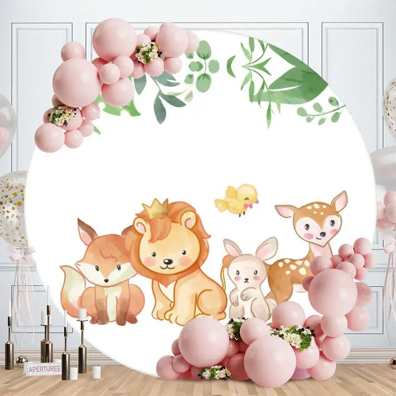 Aperturee Cute Little Animals And Leaves Round Baby Shower Backdrop