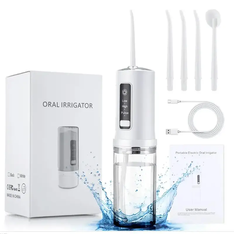 Portable Rechargeable Oral Irrigator, 1 Box 240ml Electric Oral Irrigator with 4 Counts Nozzles, Water Flosser for Home & Tra...