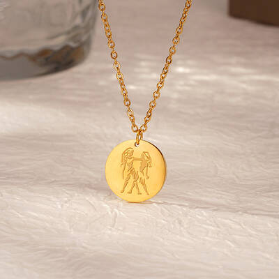 Stylish Stainless Steel Flat Round Gemini Zodiac Pendant Necklaces for Women's Daily Wear