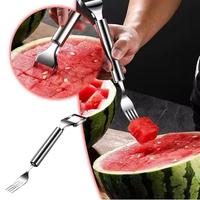 2-in-1 Stainless Steel Fruit Cutter,Dual Head Watermelon Fork Cutter Slicer Tool for Home Kitchen Gadget Melon Cube Cutter
