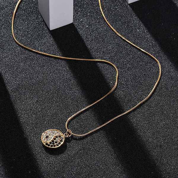 304 Stainless Steel Crystal & Jet Rhinestone Yin-yang Pendant Round Snake Chain Necklaces for Women