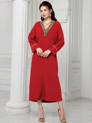 Arabic Clothing-Contrast Lace V Neck Long Sleeve Dress, Summer Clothes Women, Modest Long Arabian Dress, Muslim Dress For Wo...