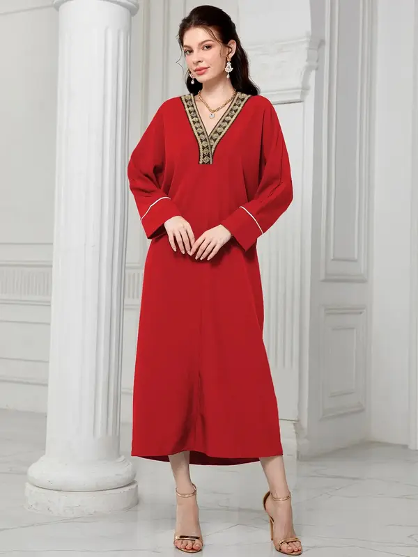 Arabic Clothing-Contrast Lace V Neck Long Sleeve Dress, Summer Clothes Women, Modest Long Arabian Dress, Muslim Dress For Wo...