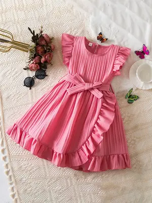 Girl's Plain Ruffle Trim Belted Dress, Elegant Round Neck Dress for Party Holiday Wedding Guest, Kids Summer Clothes