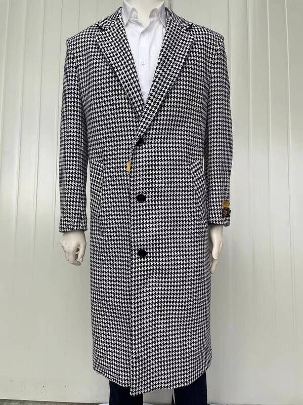 Mens Full Length Wool and Cashmere Overcoat - Winter Topcoats - Doted White Black Coat