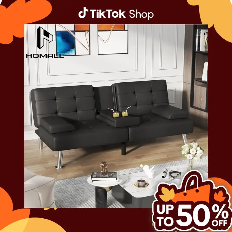 HOMALL Futon Sofa Bed Faux Leather Couch Modern Convertible Folding Recliner with 2 Cup Holders