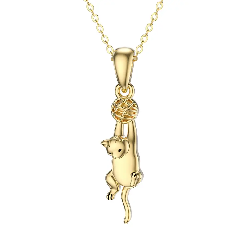 14K Gold Cat & Ball Pendant Necklace