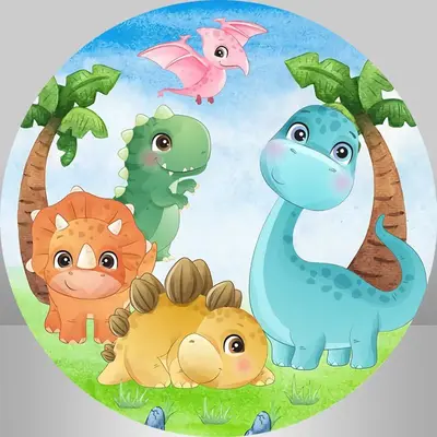 Aperturee Cartoon Dinosaur And Trees Round Baby Shower Backdrop | Circle Party Backdrop | Circle Backdrop Baby Shower | Custo...