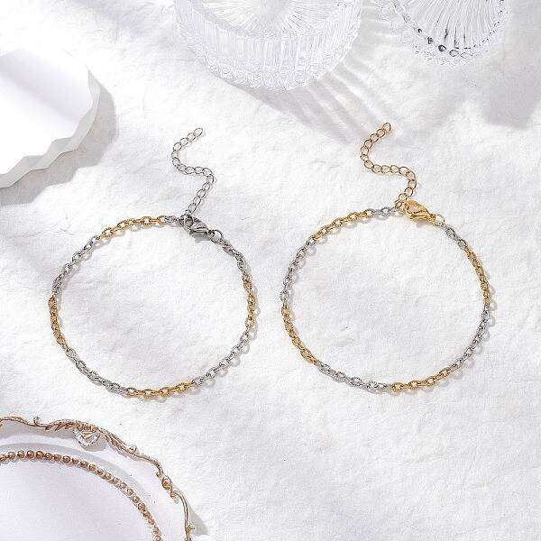 2Pcs 2 Colors Two Tone 304 Stainless Steel Textured Cable Chain Anklets