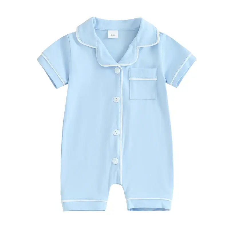 Baby Pajamas Rompers Turn-Down Collar Short Sleeve Sleepwear Buttons Pocket Infant Sleepers Bodysuits