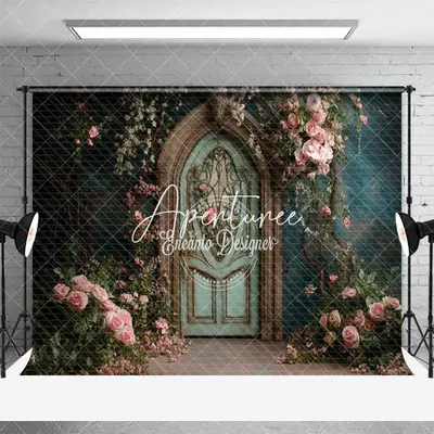Aperturee Green Retro Door Floral Plant Wedding Photo Backdrop, 3X2FT(1MX0.6M), 14 USD, wedding backdrops, ENHD2J32-M