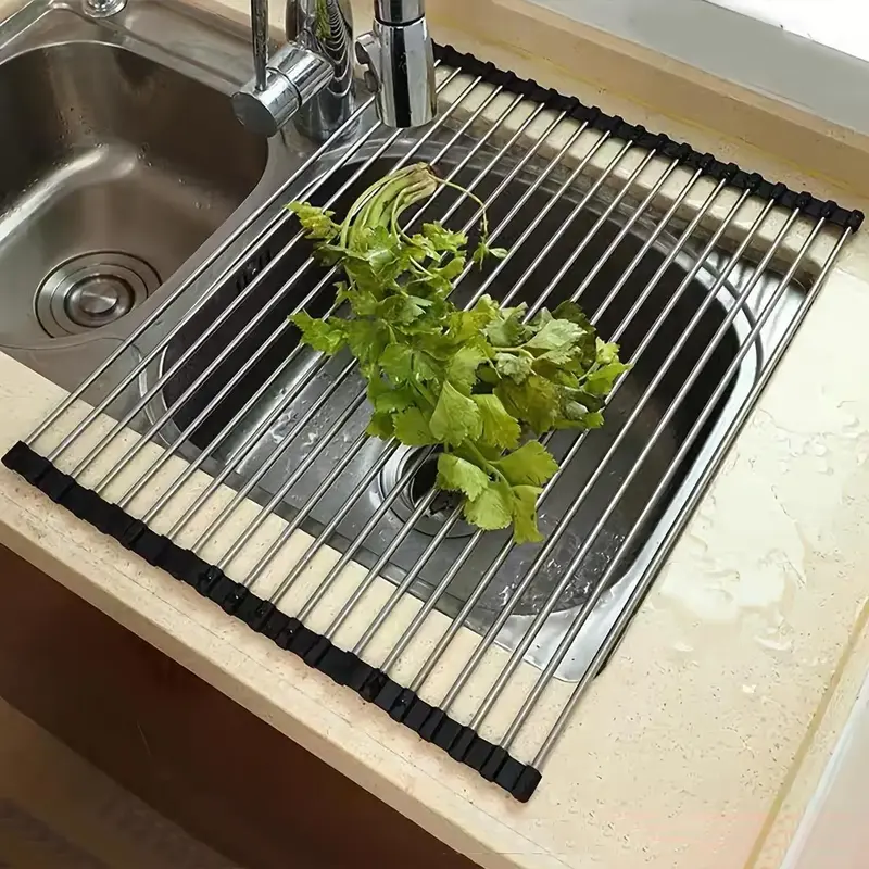 Stainless Steel Sink Drain Basket, Foldable Sink Drain Rack, Kitchen Fruits & Vegetables Drain Storage Rack, Household Dish D...