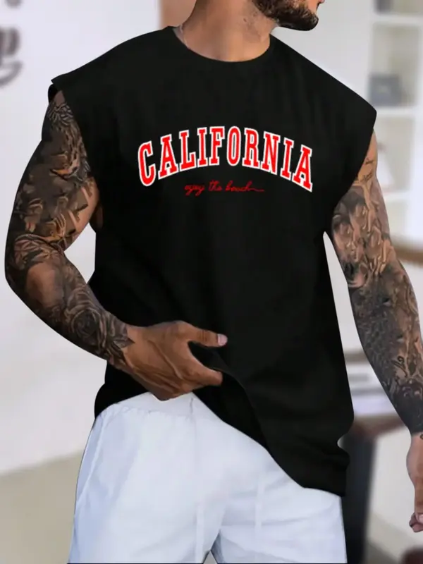 Men's Letter Print Round Neck Tank Top, Casual Soft Sleeveless Sleep Top for All Seasons, Regular Fit Sleepwear for Men