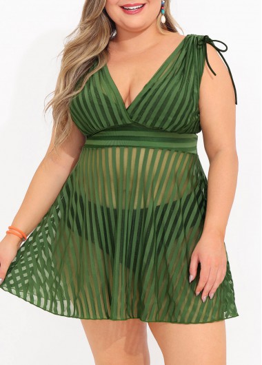 Modlily Plus Size Drawstring Olive Green Striped Tankini Set - 3X