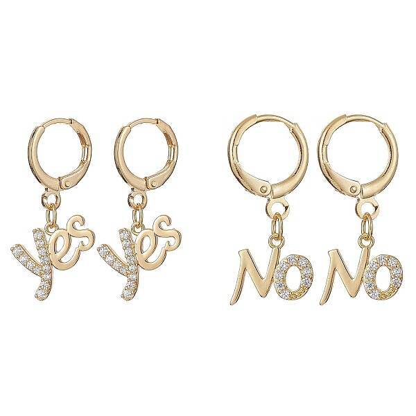 2 Pairs 2 Style Clear Cubic Zirconia Word Yes & No Dangle Leverback Earrings Sets