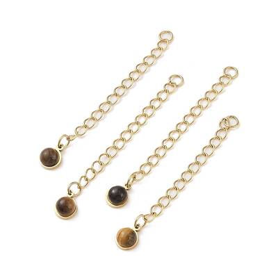 Ion Plating(IP) 316 Surgical Stainless Steel Curb Chain Extender with Natural  Tiger Eye Round Charm