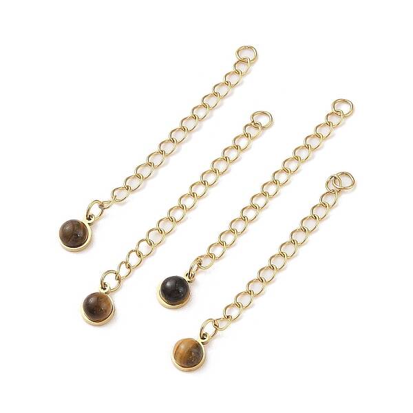 Ion Plating(IP) 316 Surgical Stainless Steel Curb Chain Extender with Natural  Tiger Eye Round Charm