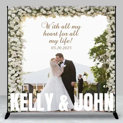 White Roses Custom Wedding Backdrop With Photo - Aperturee