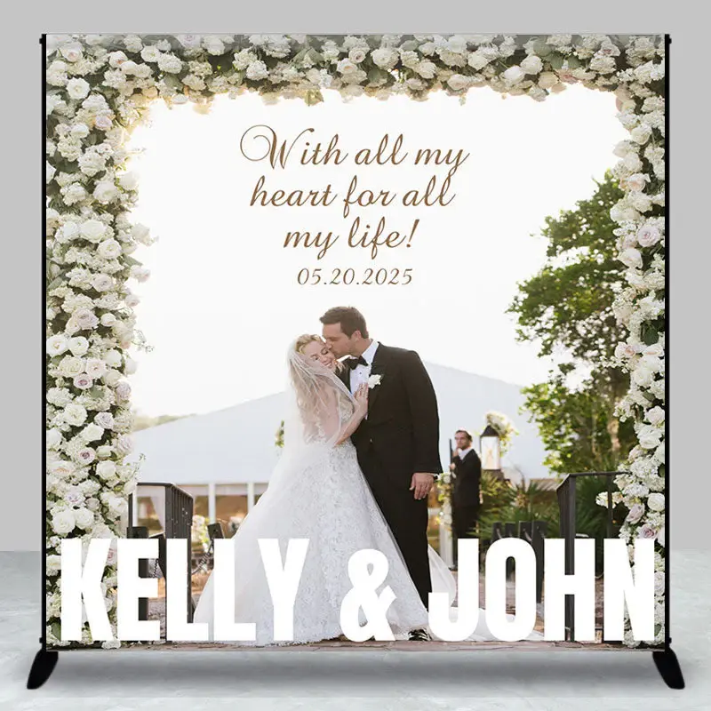 White Roses Custom Wedding Backdrop With Photo - Aperturee
