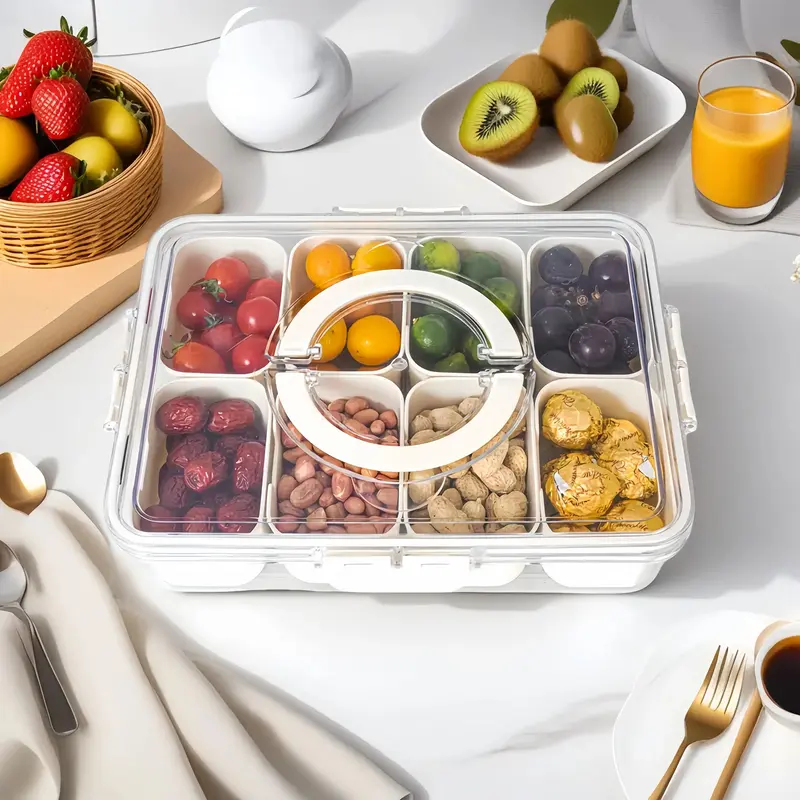 Divided Serving Tray with Lid and Handle - Snackle Box Charcuterie Container for Portable Snack Platters - Clear Organizer fo...