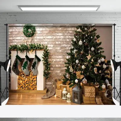 Aperturee Warm Log Style Trees Fireplace Christmas Backdrop