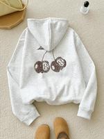 Women's Leopard Cherry Print Drop Shoulder Thermal Lined Hoodie, Fashion Casual Drawstring Pocket Hooded Sweatshirt for Daily...