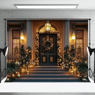 Gold Bauble Light Wreath Villa Christmas Backdrop - Aperturee