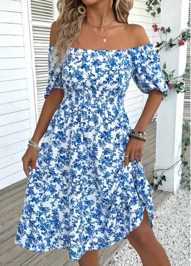 Modlily Blue Ditsy Floral Print Short Sleeve Off Shoulder Dress - L