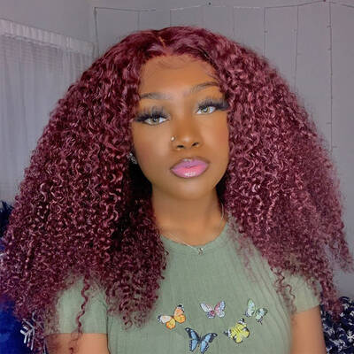 Burgundy 99J Kinky Curly 13*4 Lace Front Wig Red Color Human Hair Curly Wig With Natural Hairline ISEE HAIR