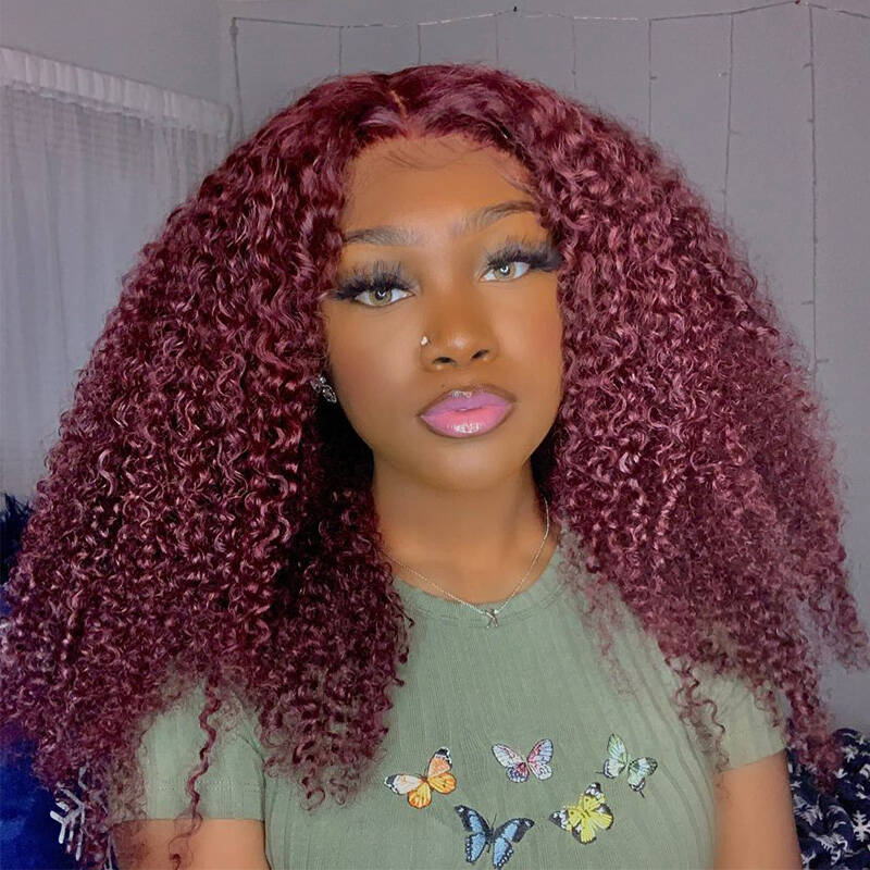 Burgundy 99J Kinky Curly 13*4 Lace Front Wig Red Color Human Hair Curly Wig With Natural Hairline ISEE HAIR