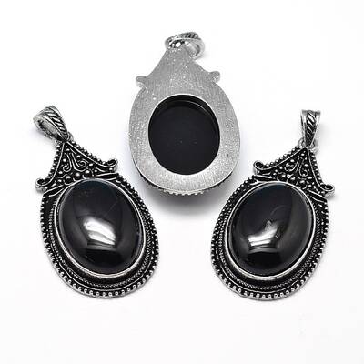 Oval Antique Silver Zinc Alloy Natural Dyed & Heated Black Agate Big Pendants