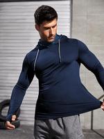 Men's Slim Letter Print Thumb Hole Long Sleeve Sports Rashguard, Casual Drawstring Hooded Sports Top for Spring & Fall, Men's...