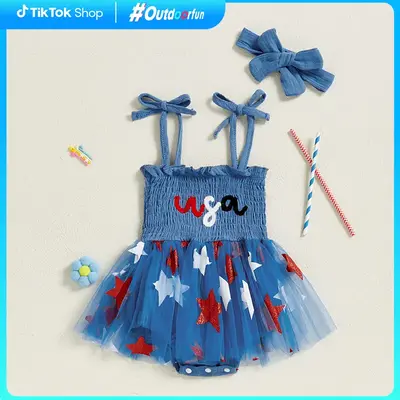 Outdoorfun Baby Girl 4th of July Romper Dress Letter Embroidery Star Print Sleeveless Tie Strap Jumpsuit with Headband Cute