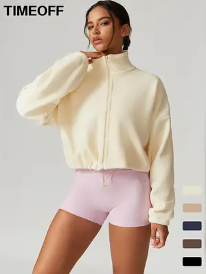 TimeOFF Women's Patchwork High Elastic Velvet Skin-Friendly Collar Zipper Lower Waist Tightening Yoga Jacket Outdoor Running ...