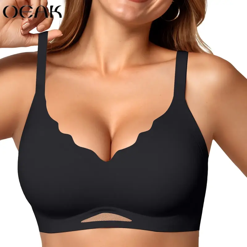 OEAK Womens Wireless Bras Push Up Bralettes No Underwire Supportive Scalloped Tshirt Bra Seamless Comfortable Everyday Bras D...