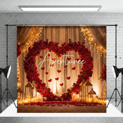 Aperturee Lighted Candle Red Rose Heart Valentines Day Backdrop, 3X2FT(1MX0.6M), 14 USD, valentines day backdrops, NYHD2I29-M