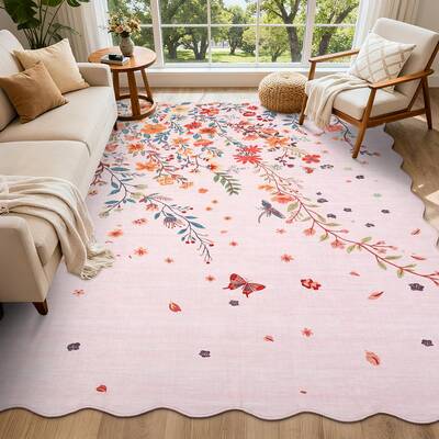 Garvee Floral Washable Scalloped Rugs for Living Room 5x7 Pink Area Rugs with Non Slip Backing
