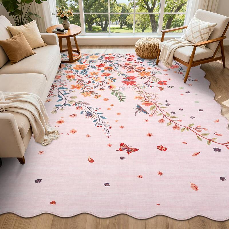 Garvee Floral Washable Scalloped Rugs for Living Room 5x7 Pink Area Rugs with Non Slip Backing