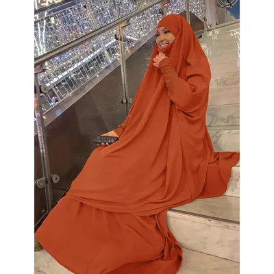 Ramadan Solid Color Two-piece Set, Batwing Sleeve Hijab Dress & Wide Leg Pants Outfits, Women's Clothing Halloween Print T-Sh...