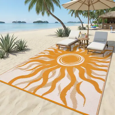 Garvee Outdoor Rug 9x12 Waterproof Patio Rug with Boho Sun Pattern, Reversible, UV-Resistant, Plastic Straw, Lightweight & Po...