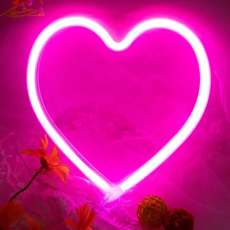Valentine's Day Romantic Ornaments, 1 Count Heart Shaped LED Neon Light Sign for Dressers for Bedroom, Battery/USB Powered Ne...