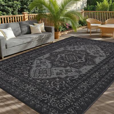 Garvee Reversible Waterproof Outdoor Rug - Vintage Medallion Plastic Straw Patio Carpet - UV Resistant, Easy to Clean, Large ...