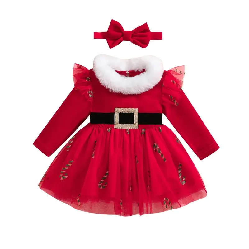 Baby Girl 2Pcs Christmas Outfits Long Sleeve Tulle Dress + Headband Set Infant Clothes