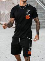 Men's Rose Print Drawstring Waist Shorts Set, Regular Fit Short Sleeve T-shirt & Pocket Shorts, Summer Outfits 2024, Casual S...