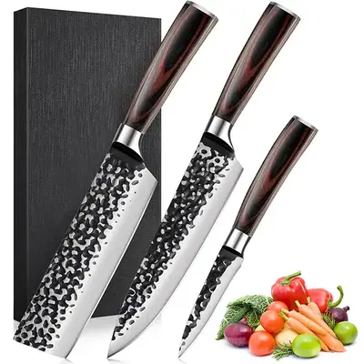 3PCS Professional Kitchen Knife Set Forged Hammered Japanese Chef Knife Sharp German High Carbon Stainless Steel 8 inch Chef'...